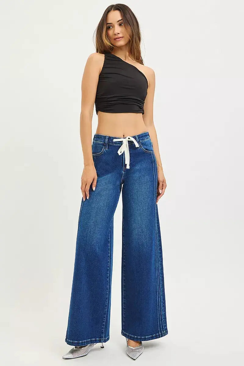 RISEN Jeans - Full Size Mid Rise Wide Side Pintuck Jeans with Front Drawstring
