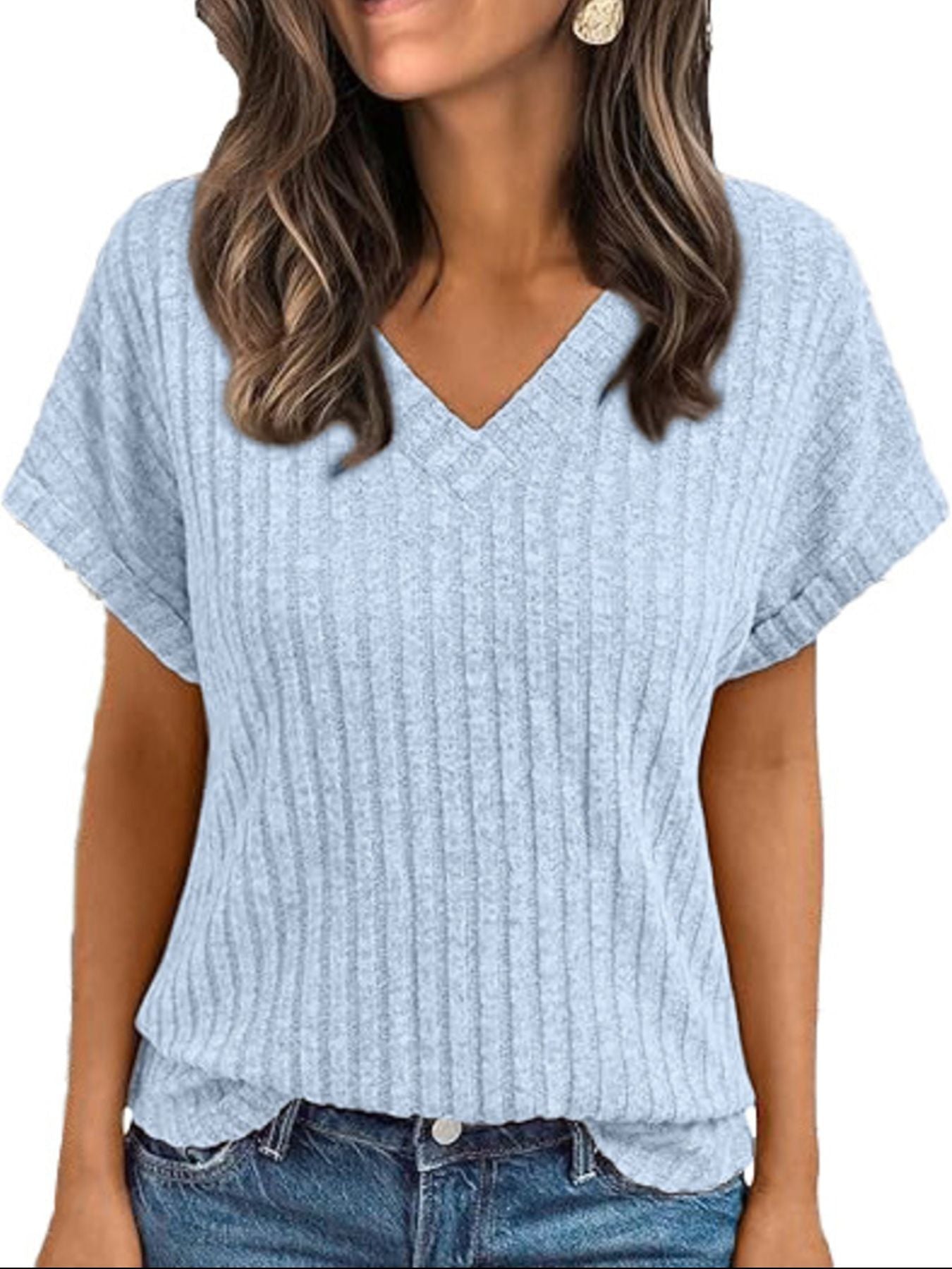 Ribbed Knit V Neck Relaxed Fit T Shirt