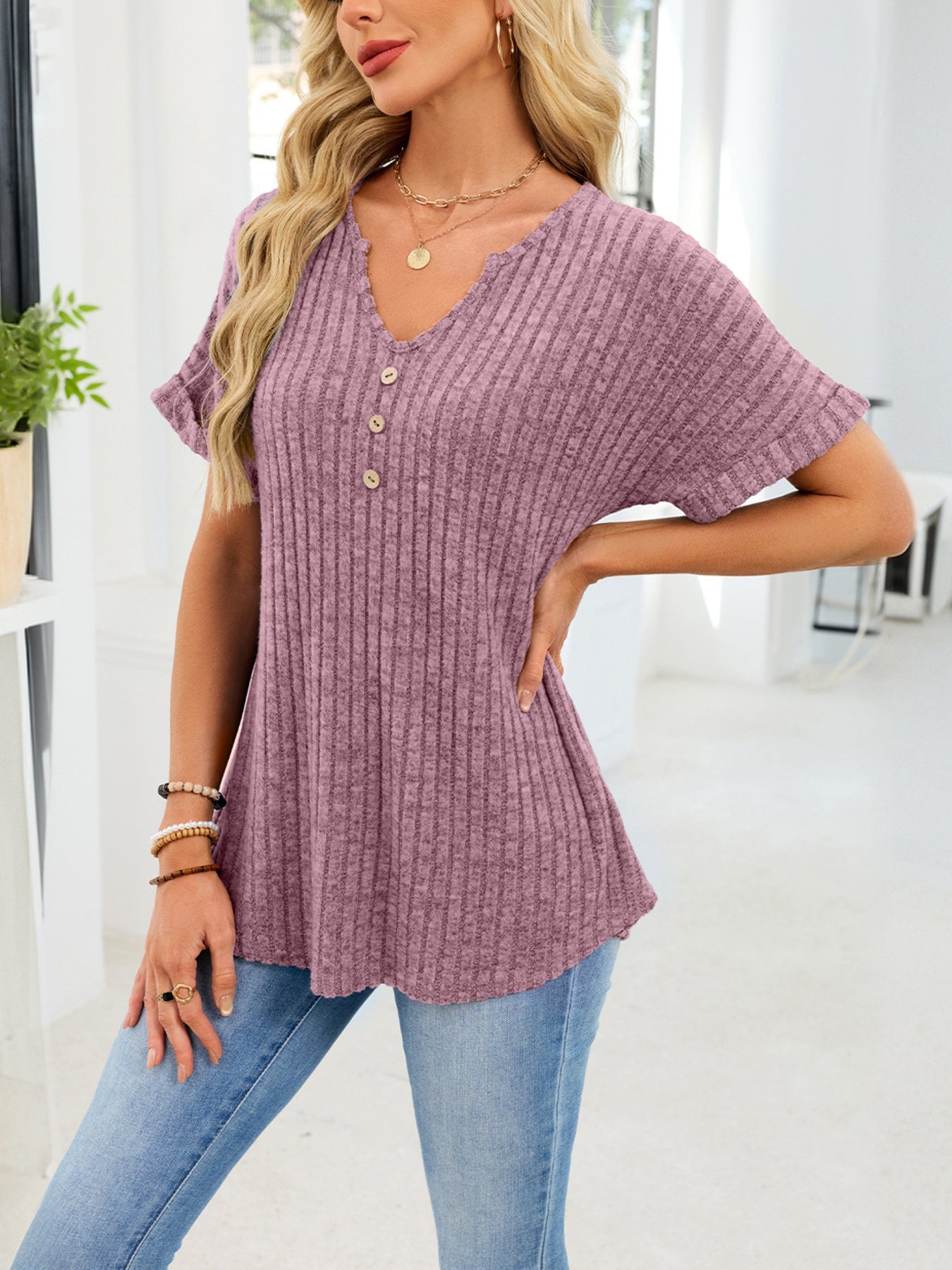 Women's Ribbed Knit Button V Neck Short Sleeve T Shirt