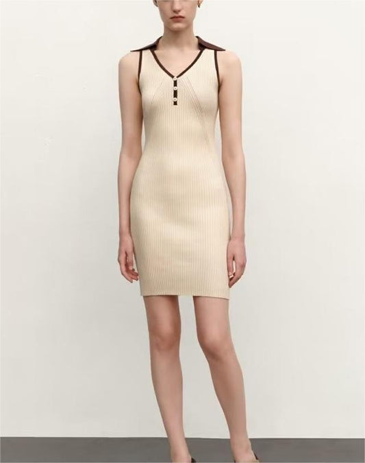 Summer Tight Sleeveless Knitted Dress Button Decoration Stretch Slim Dress Short Dresses