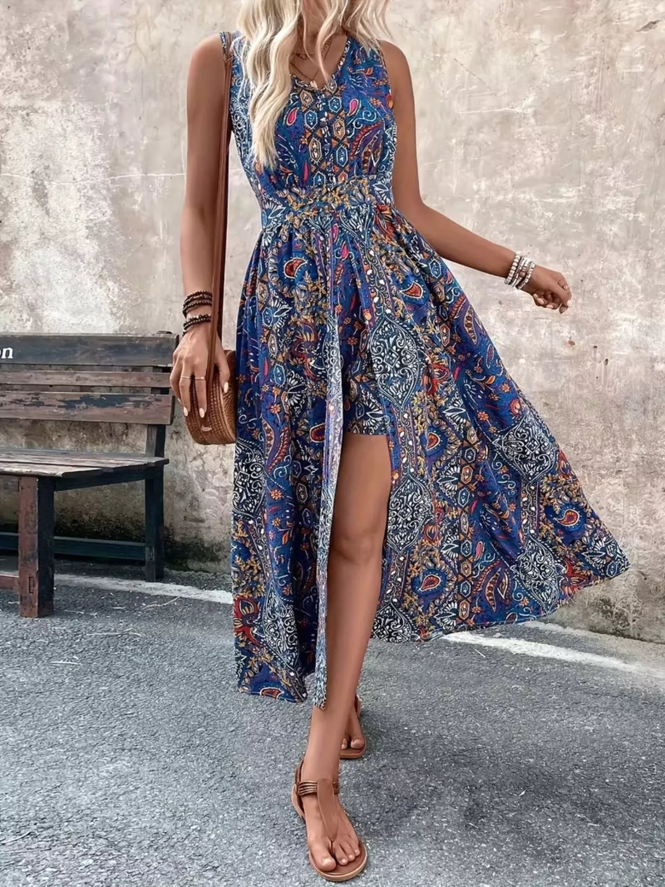 Paisley Print Sleeveless Romper with Long Top