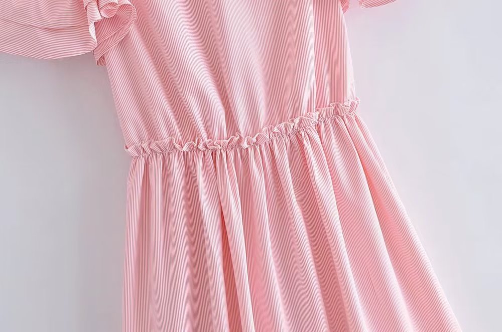 Women Clothing Summer Elegant Socialite Striped Flounced Sleeve Backless Ruffled Stitching Dress