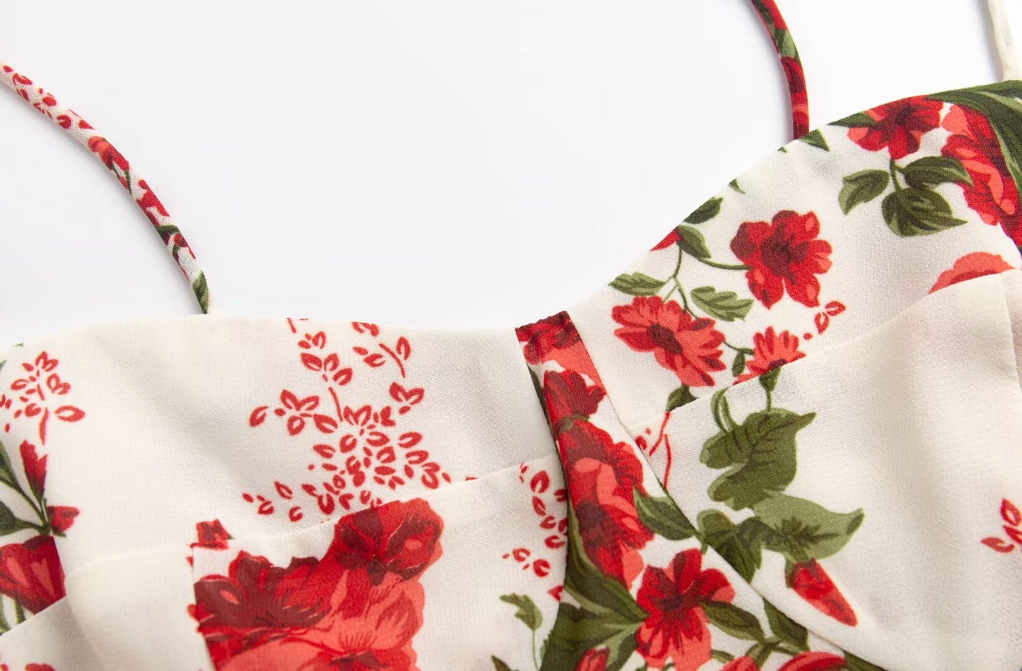Summer French Tied Spaghetti Strap Short Dress High Grade Backless Red Floral Retro V neck Women Dress