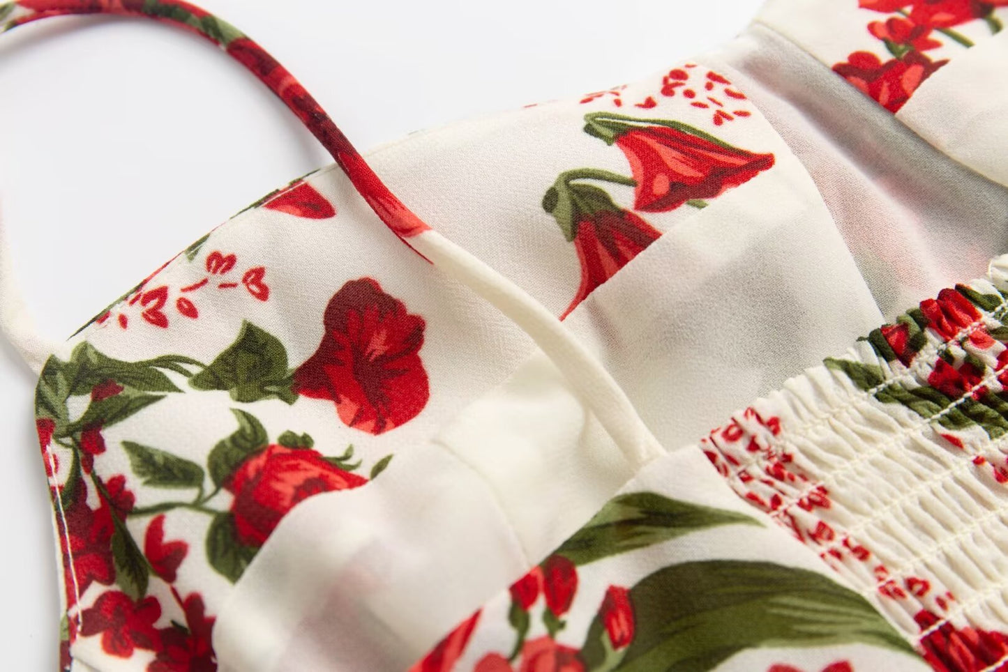 Summer French Tied Spaghetti Strap Short Dress High Grade Backless Red Floral Retro V neck Women Dress