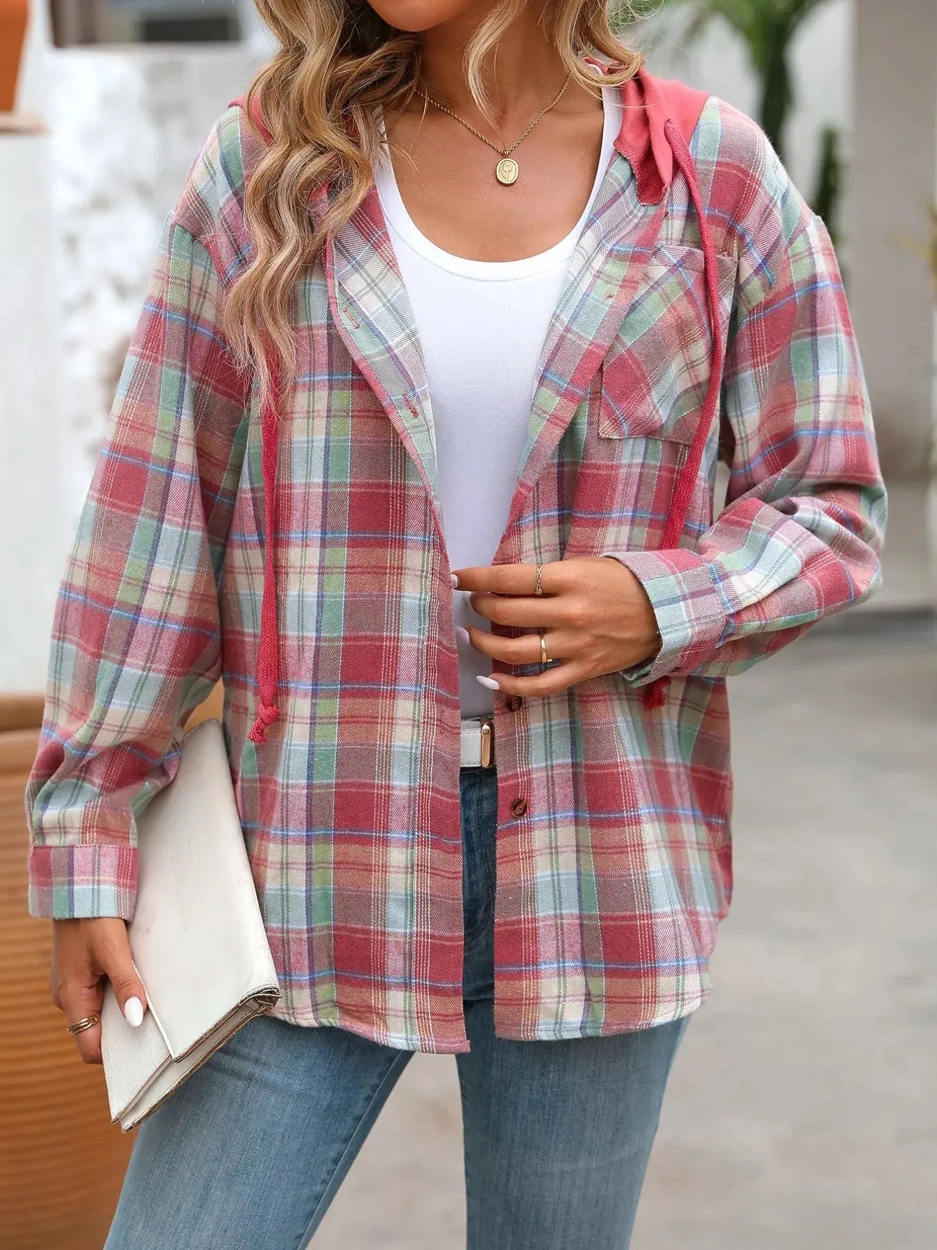 Plaid Button-Up Oversized Hooded Shirt with Chest Pocket
