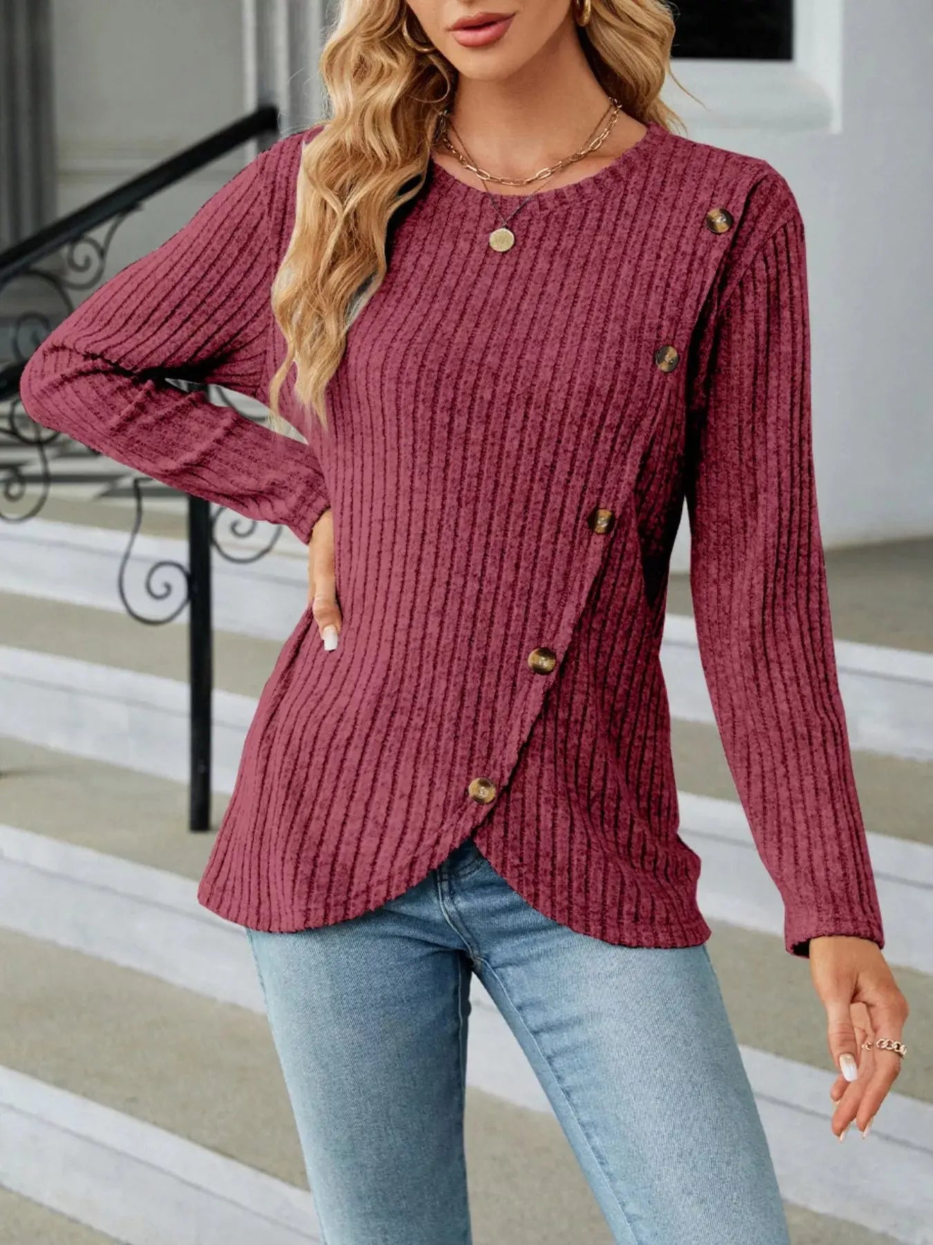 Decorative Button Ribbed Knit T Shirt