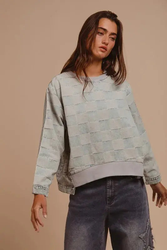 Women's Denim Top Denim Top - Mineral Washed Checkered - Casual Round Neck