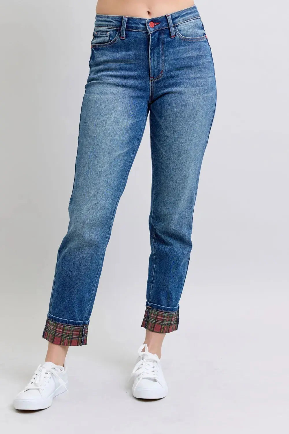 Full/Plus Size Plaid Print Cuff Straight Leg Judy Blue Jeans with Pockets