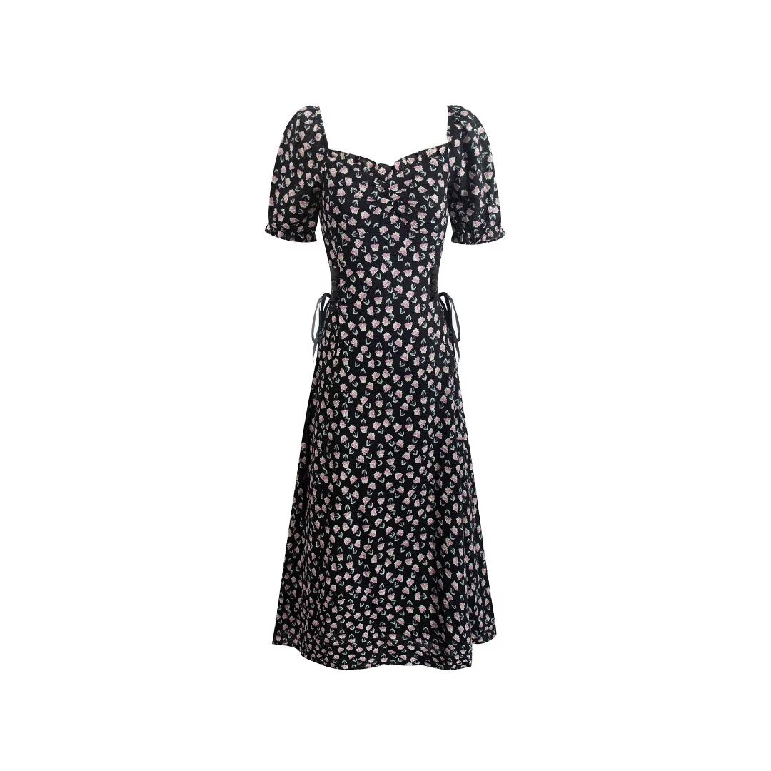 French Retro Square Collar Puff Sleeve Printed Dress Women Slim High Waist Lace up Midi Spring Summer
