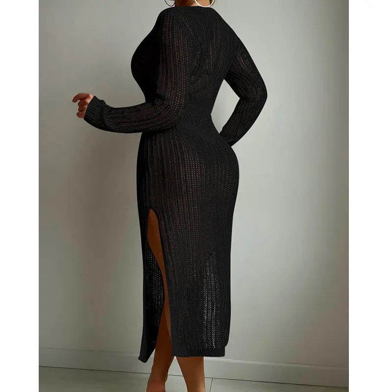 Sexy Hollow Out Cutout Knitted Deep V Plunge Lace up Waist Controlled Long Sleeve Split Skirt Vacation Dress Swimsuit Blouse Crochet hook