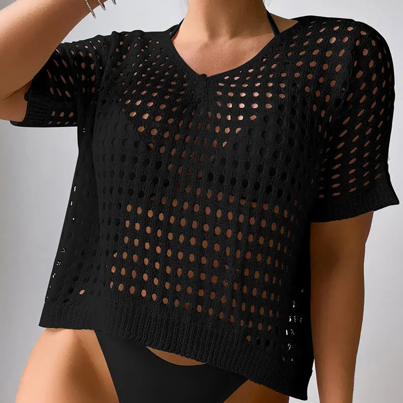 Women Hollow Out Cutout Neckline Button Loose Pullover Short Sleeve Woven Sexy Beach Blouse Crochet hook