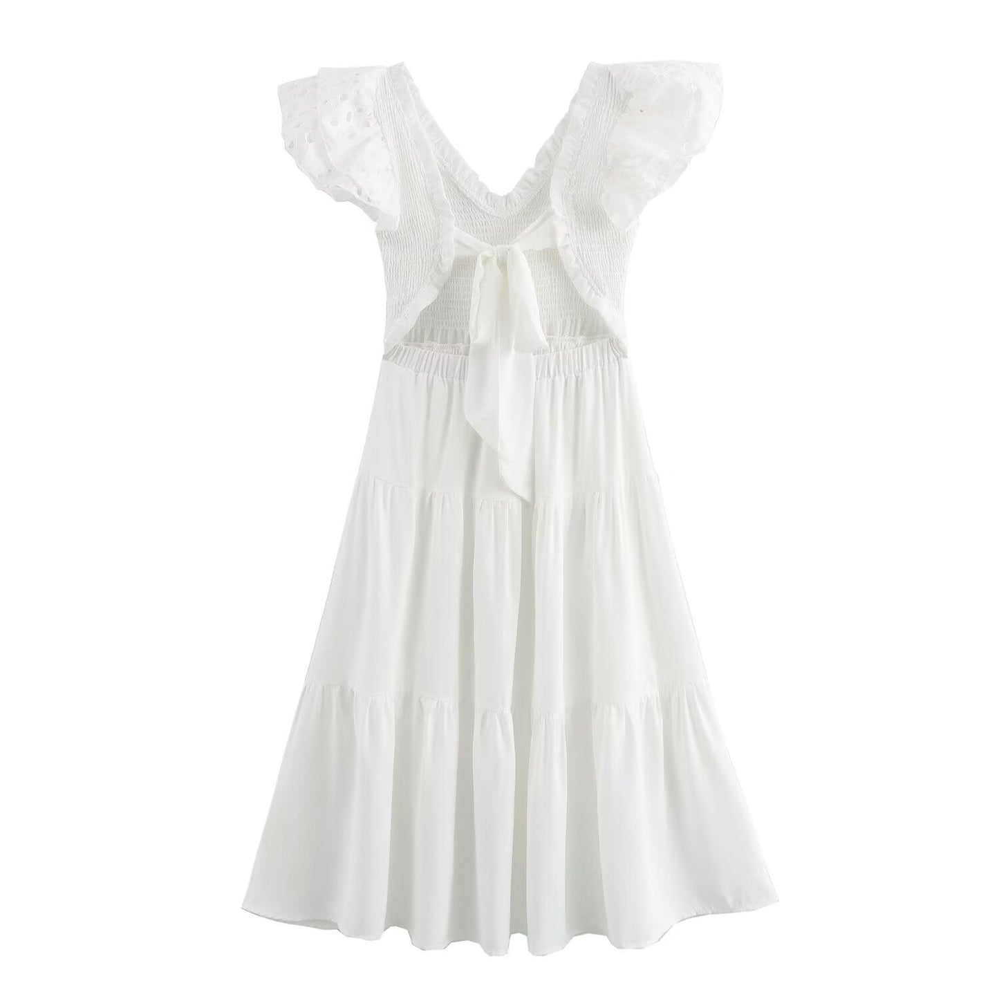 Spring Women Clothing Casual Simple Flying Sleeves Hollow Out Cutout Lace Dress