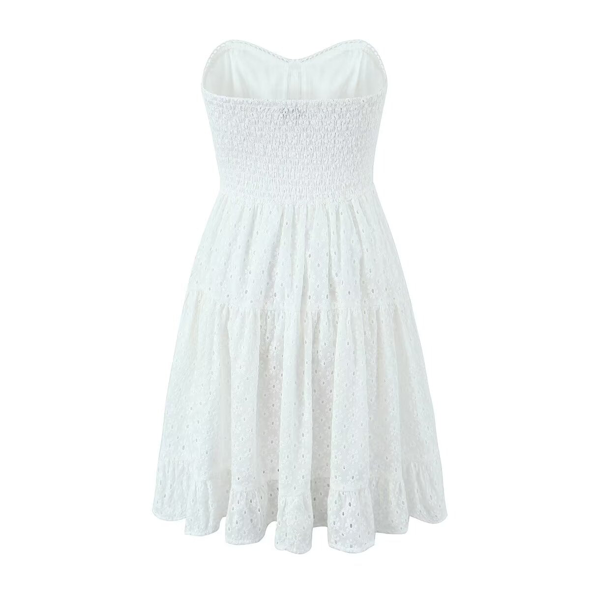 Spring French Pure White Butterfly Lace up Single Breasted Decorative Wrapped Chest Waist Lace Dress