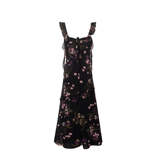 Printed Ruffled Suspender Summer Waist Controlled Lace up Slim Mid Length A line Dress