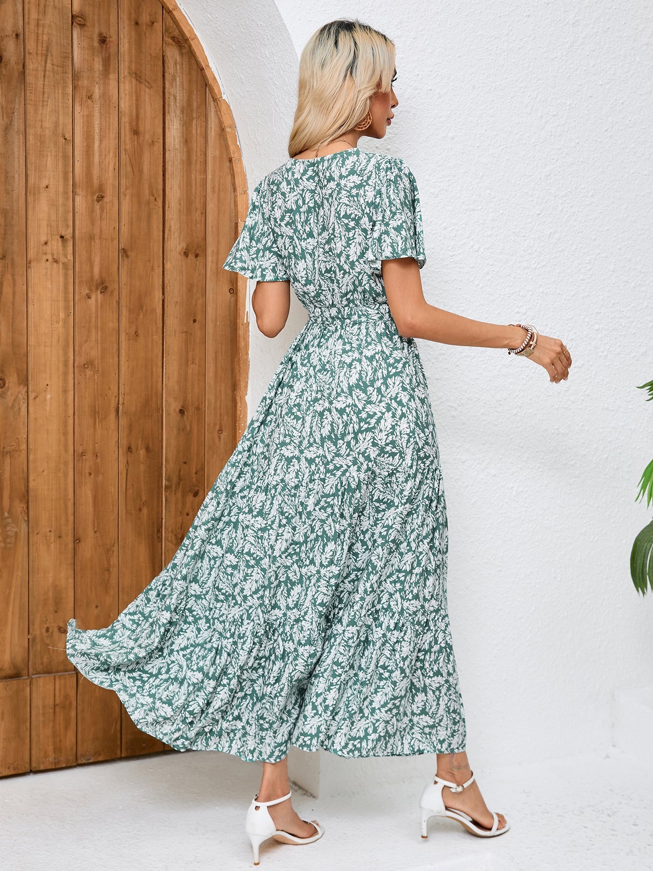 Women Summer Printed V Neck Tie A Line Maxi Dress