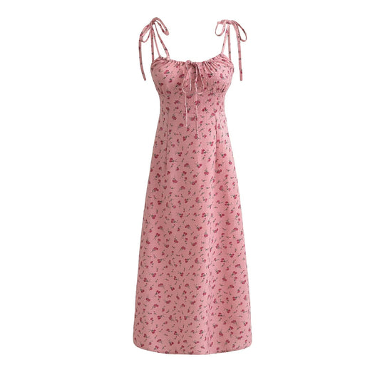 French Sweet Rose Floral Neckline Lace up Suspender Summer Tight Waist Slim A line Holiday Midi Dress