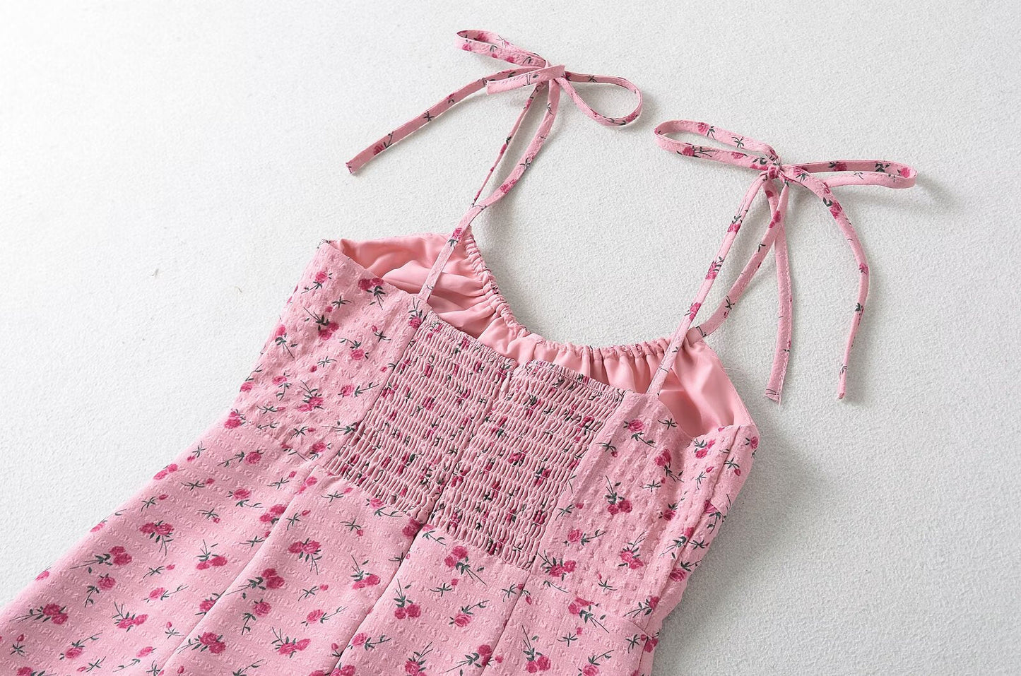 French Sweet Rose Floral Neckline Lace up Suspender Summer Tight Waist Slim A line Holiday Midi Dress