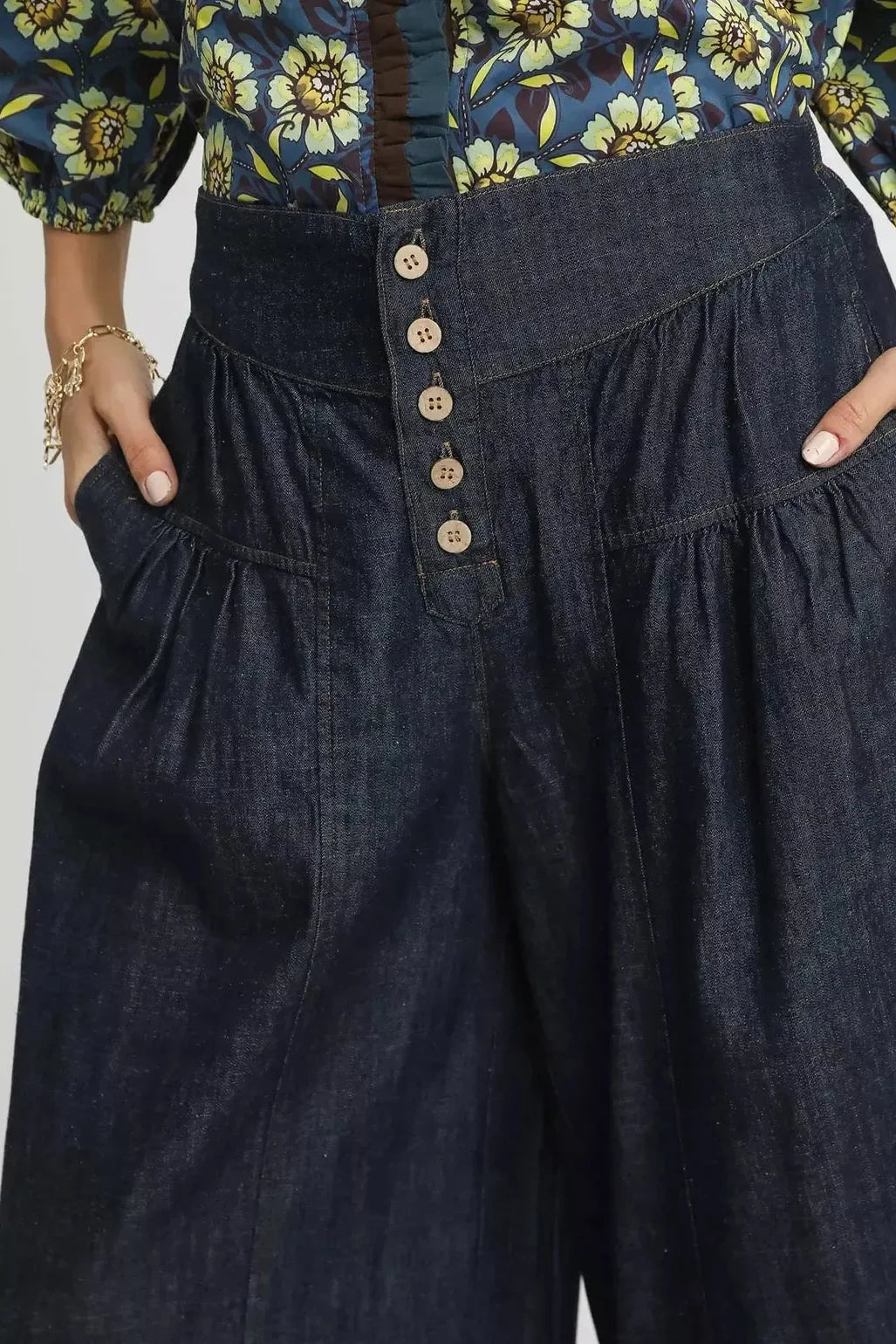 Dark Blue Stone Washed Wide-Leg Button-Front Culottes