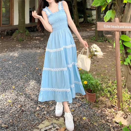 Women Clothing Summer French Gentle Sweet Spaghetti Strap Dress Women Waist Trimming Slimming Dress