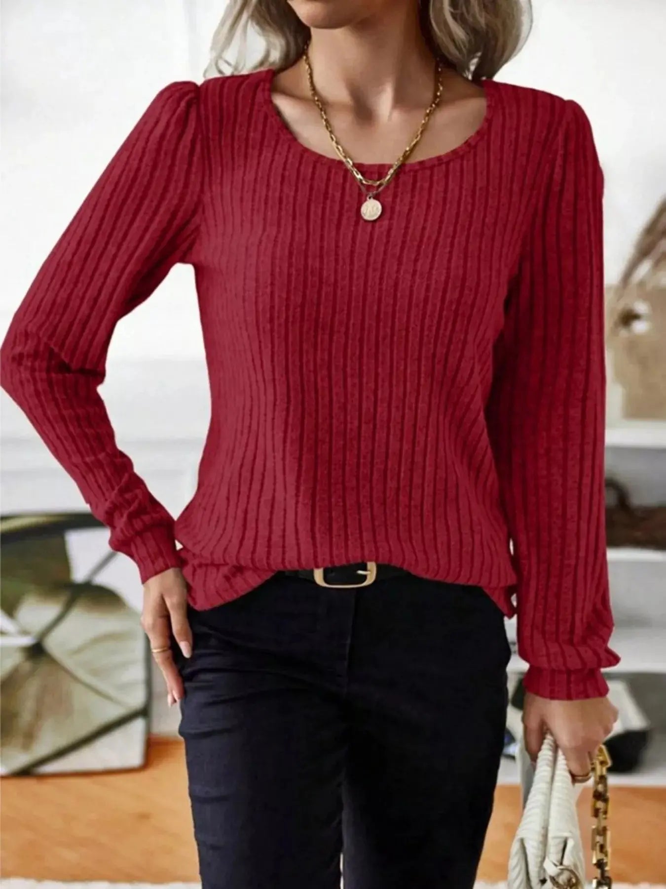 Ribbed Knit Long Sleeve T Shirt
