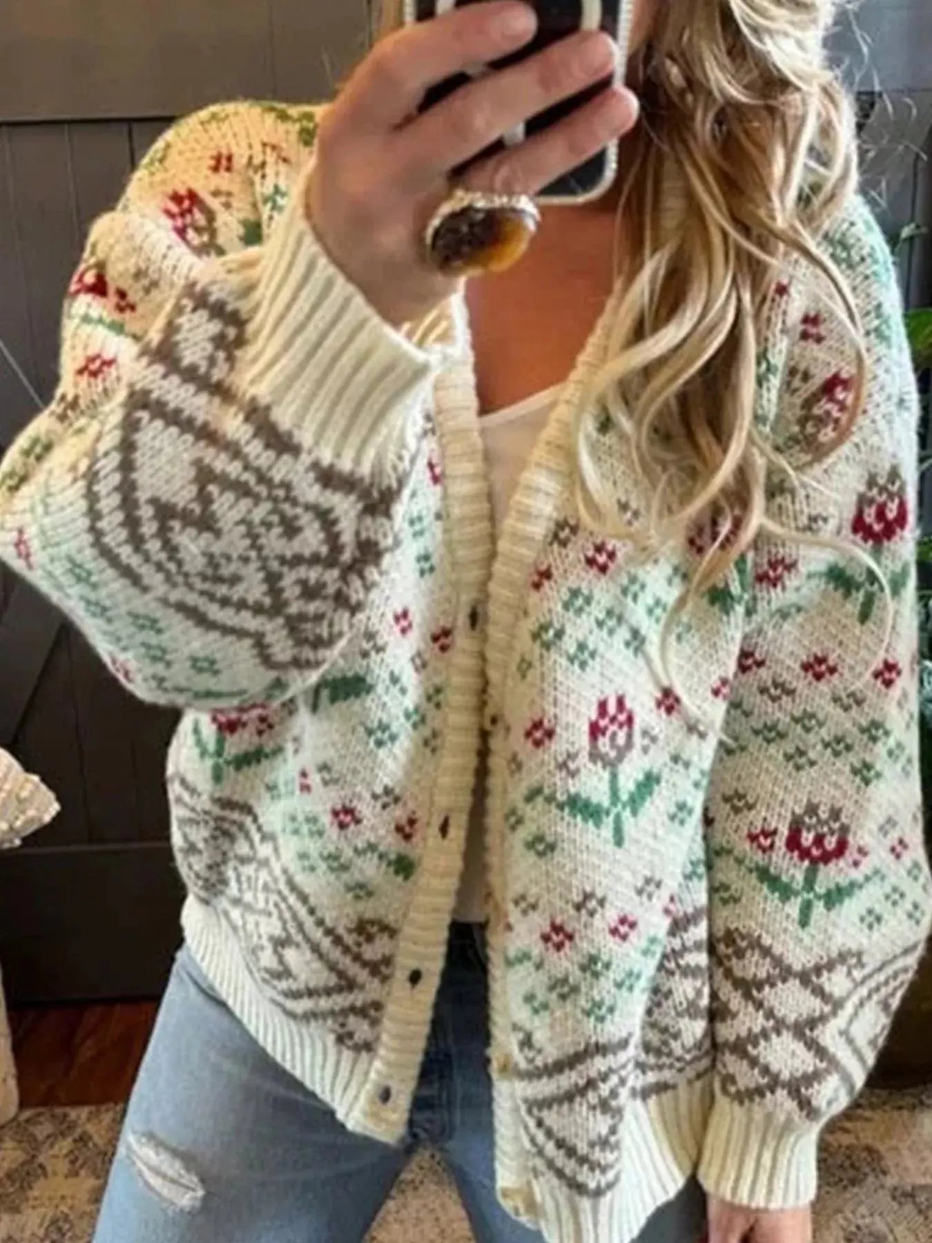 Cozy Vintage Floral Knit Button Up Cardigan