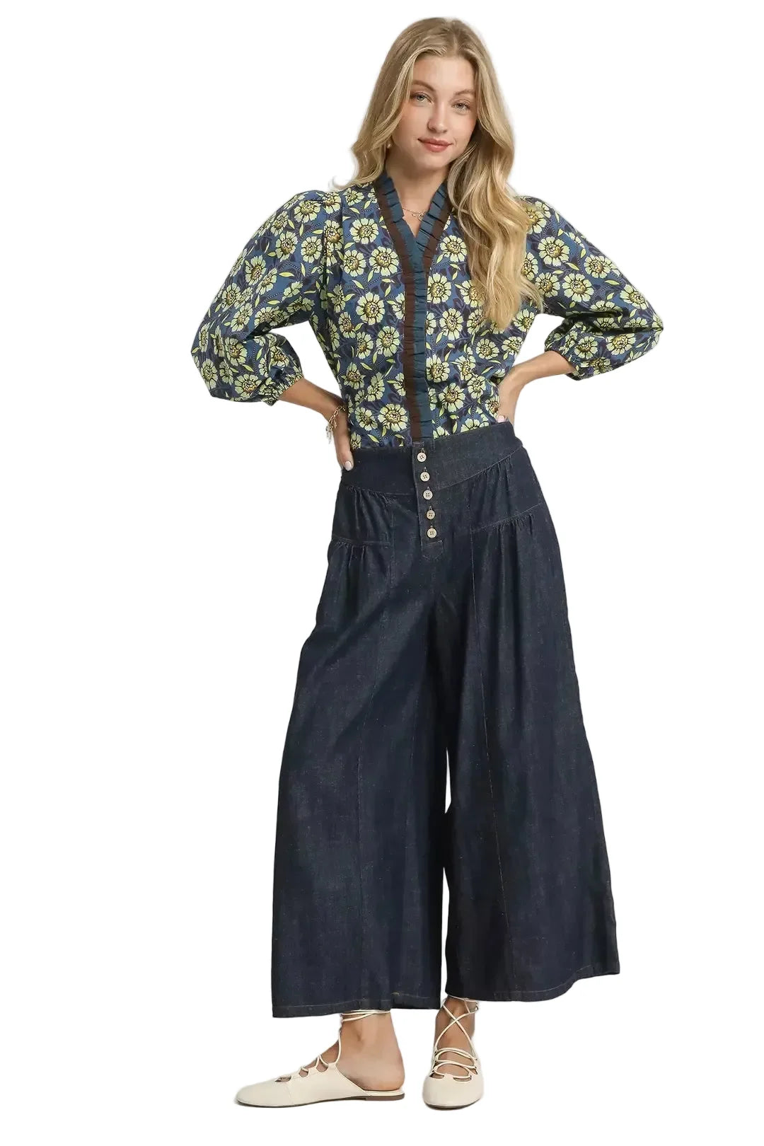Dark Blue Stone Washed Wide-Leg Button-Front Culottes