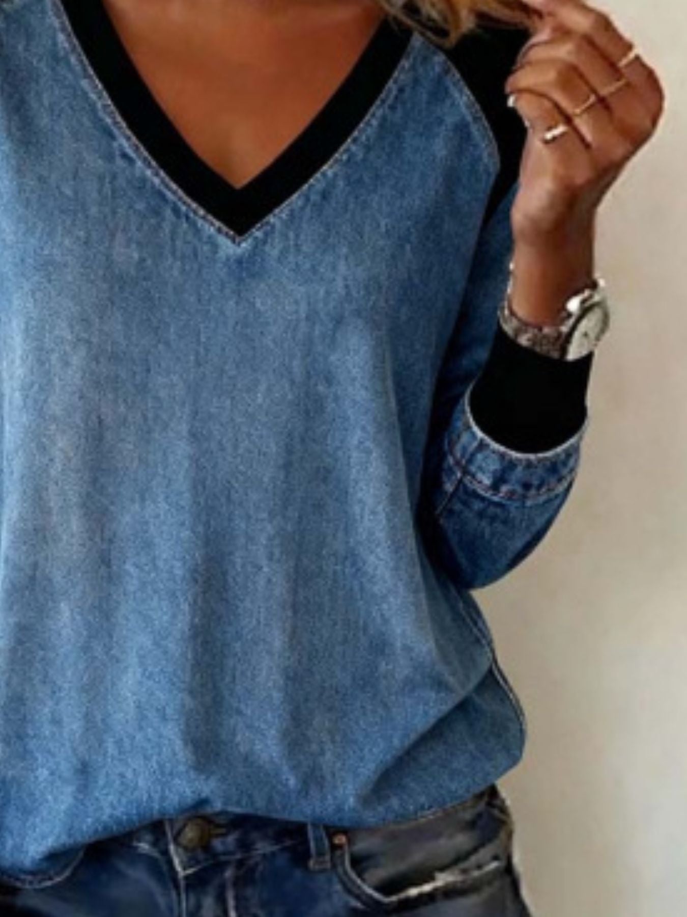 Full Size Patchwork V Neck Long Sleeve Blouse