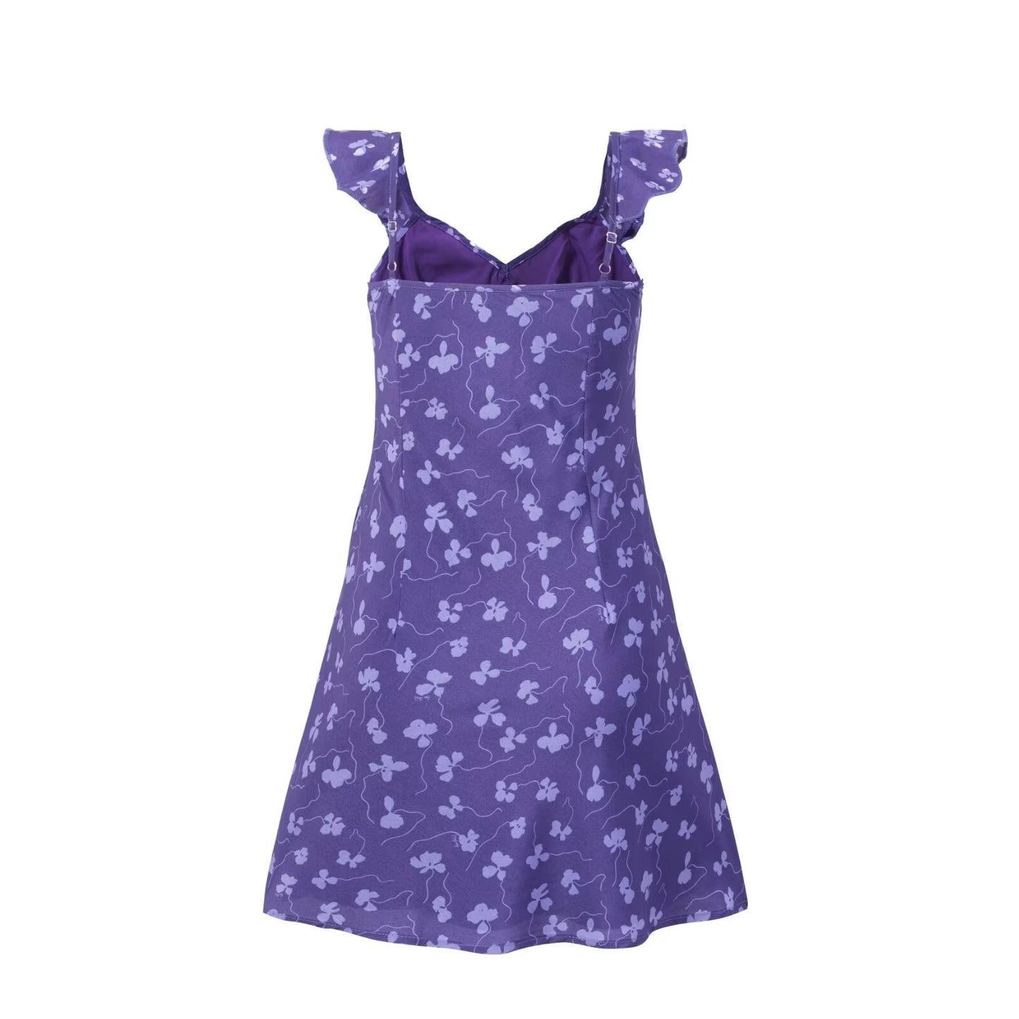 Vintage Ruffled V neck Lace up Printed Dress Summer Tight Waist Slim Holiday Short Suspender Dress