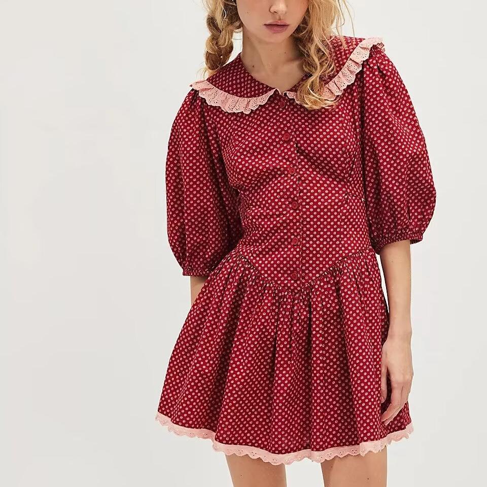 Women Clothing Spring Retro Red French Doll Collar Waist Controlled Lace up Dress