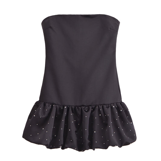 Women Rhinestone Balloon Version Silk Satin Texture Dress