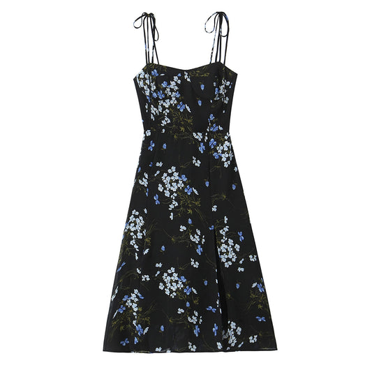 Spring French Vintage Floral Printed High Waist Sexy Side Split Hem Sling Dress