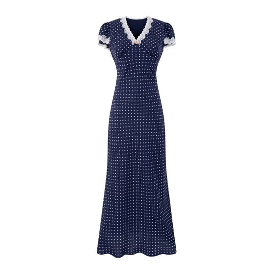 V neck Lace Stitching Short Sleeve Dress Women Polka Dot Print Slim Fit Waist Controlled Lace up Fishtail Dress