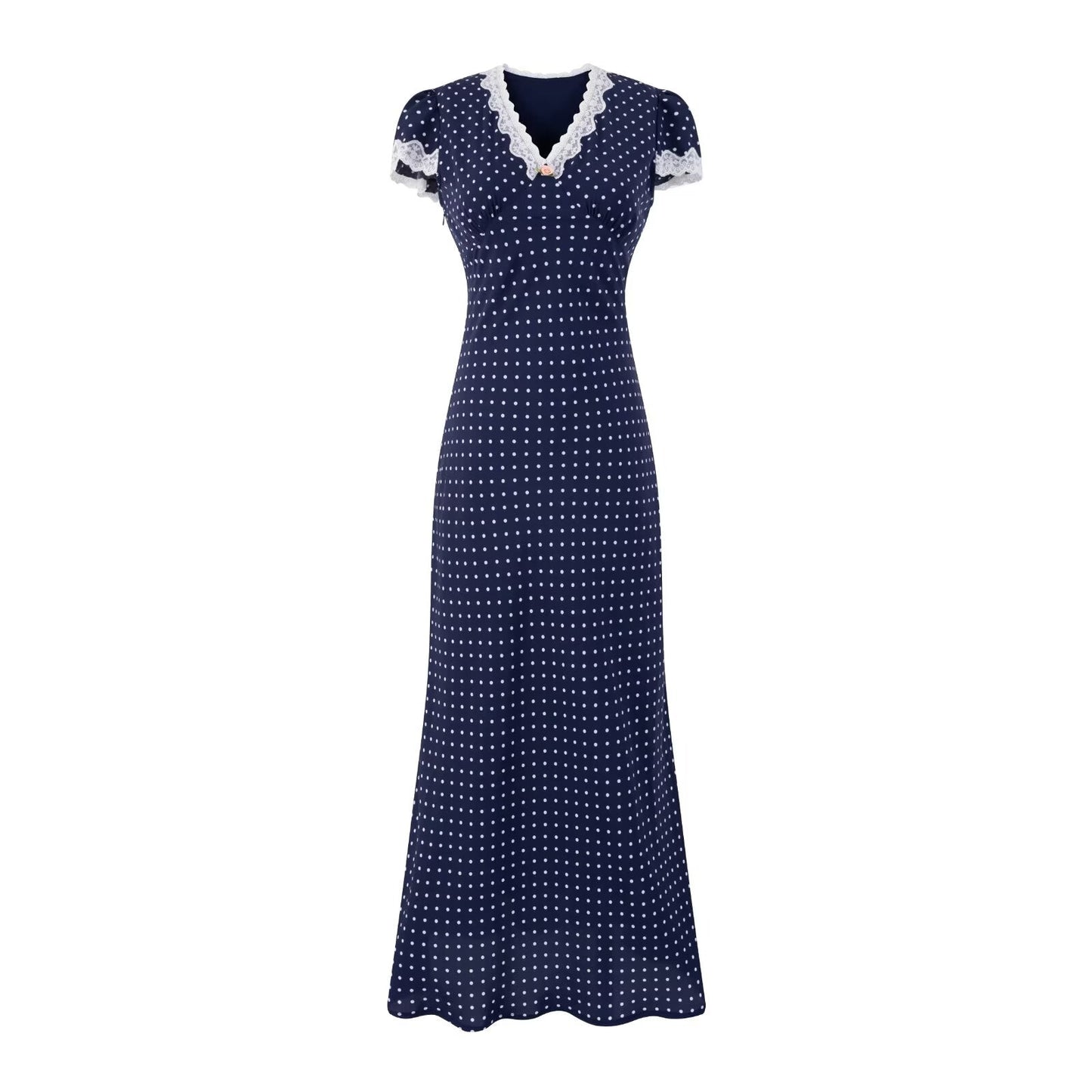 V neck Lace Stitching Short Sleeve Dress Women Polka Dot Print Slim Fit Waist Controlled Lace up Fishtail Dress