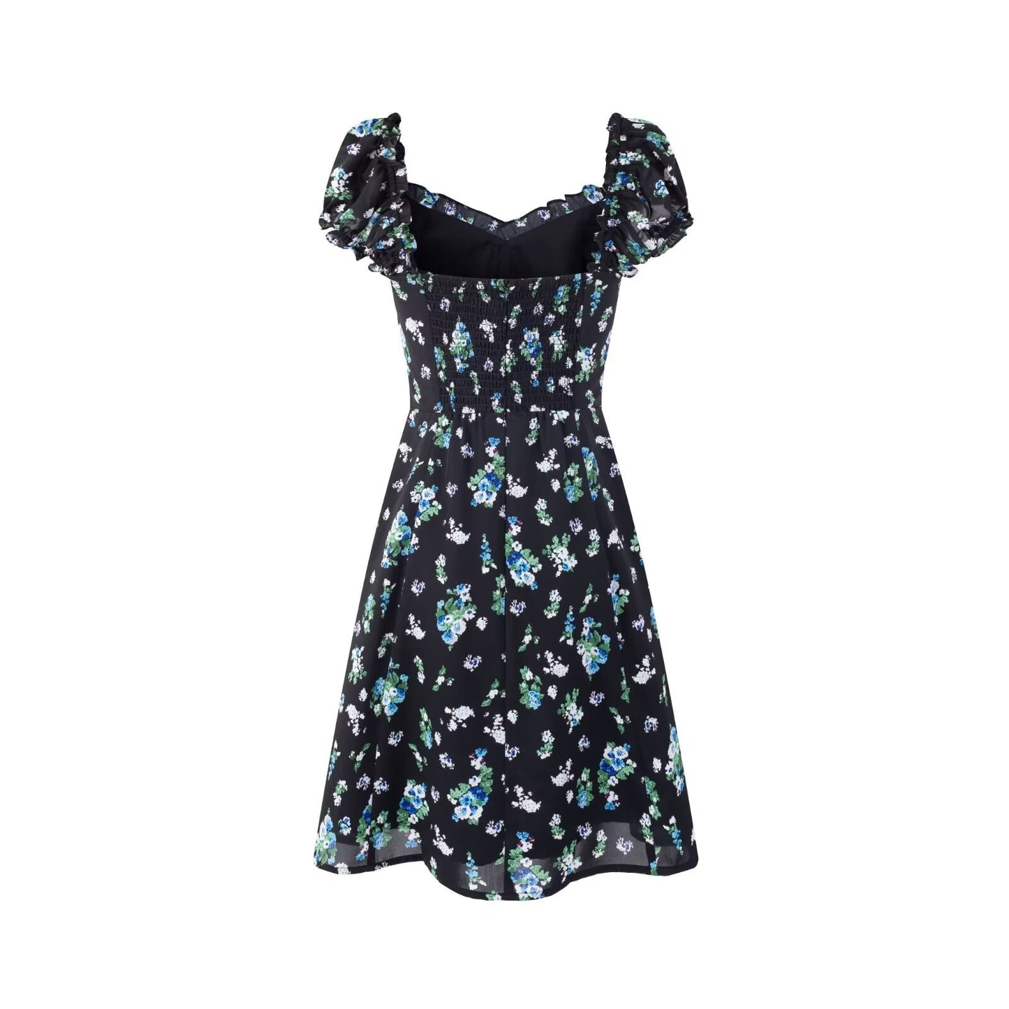 Early Spring Square Collar Puff Sleeve Waist Slimming Printing Dress