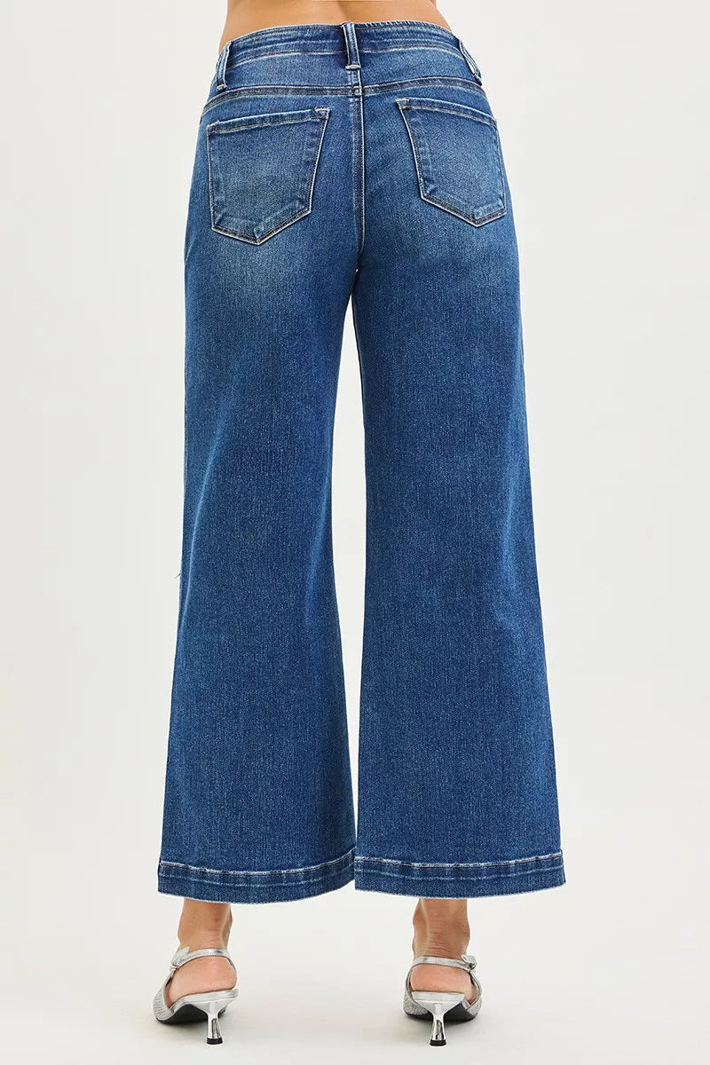 RISEN Jeans - High Rise Wide Leg Jeans With Pocket Button Detail