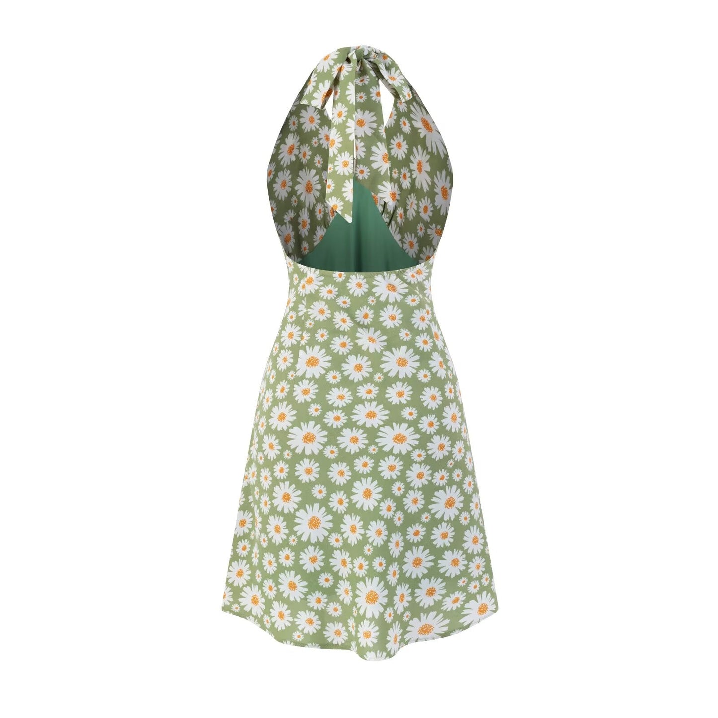 Summer Sexy Sexy High Waist Slim Fit Little Daisy Printed Halter Backless Dress Short