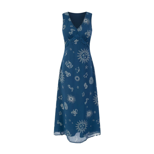 Retro Vacation Deep V Plunge neck Sleeveless Vest Dress Chest Lace Stitching Printing Waist Controlled Lace up Dress