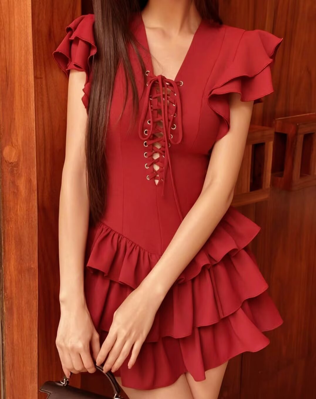 Summer Women Sexy Flying Sleeve Lace up Slim Fitting Patchwork Solid Color Tiered Dress