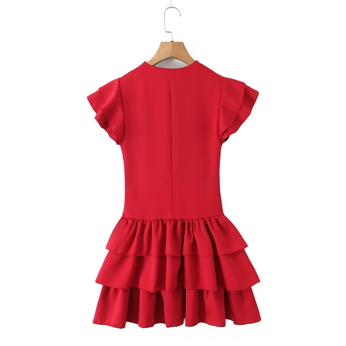 Summer Women Sexy Flying Sleeve Lace up Slim Fitting Patchwork Solid Color Tiered Dress