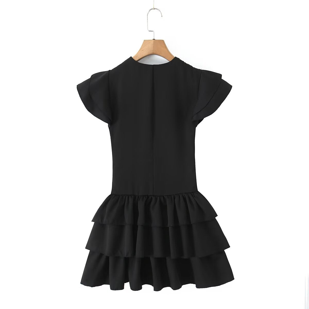 Summer Women Sexy Flying Sleeve Lace up Slim Fitting Patchwork Solid Color Tiered Dress