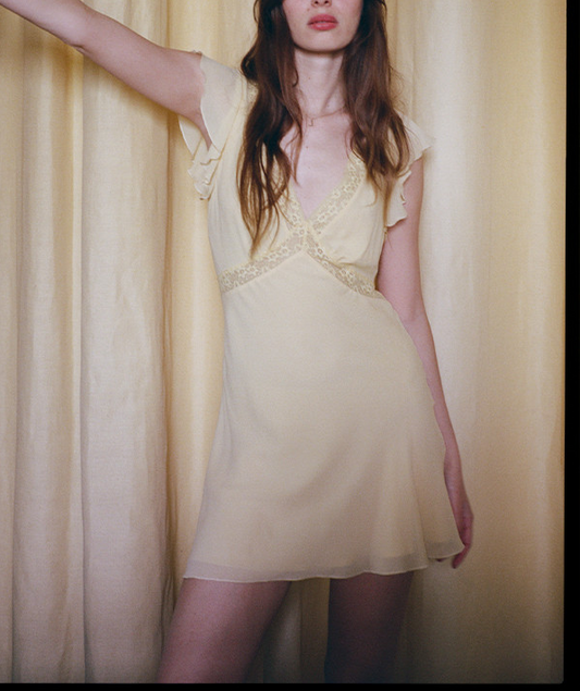 Spring Retro Debutante Classical Lace Stitching V neck Short Sleeve Dress