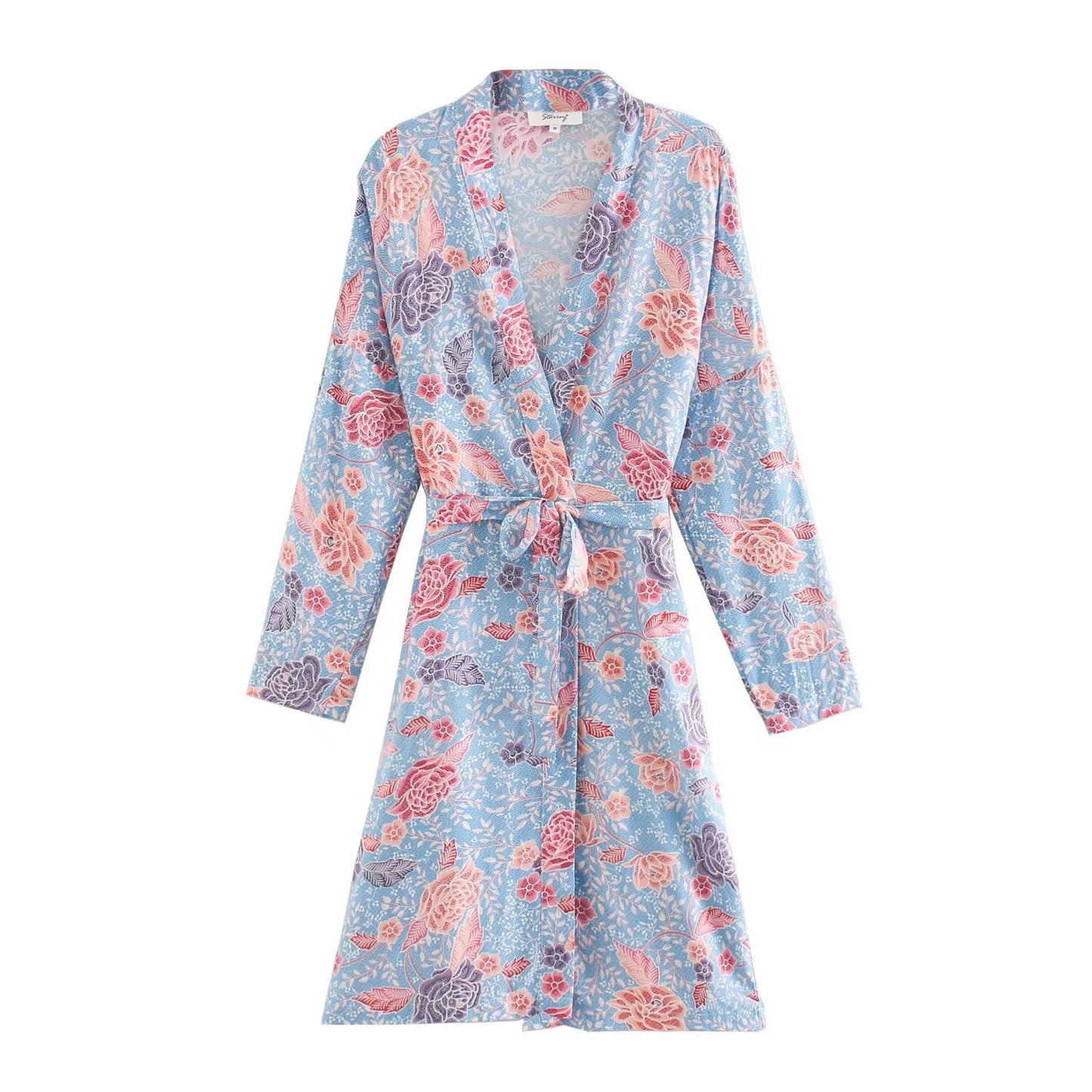 Women Clothing Summer Light Elegant Fashionable Floral Print Belt Kimono Jacket