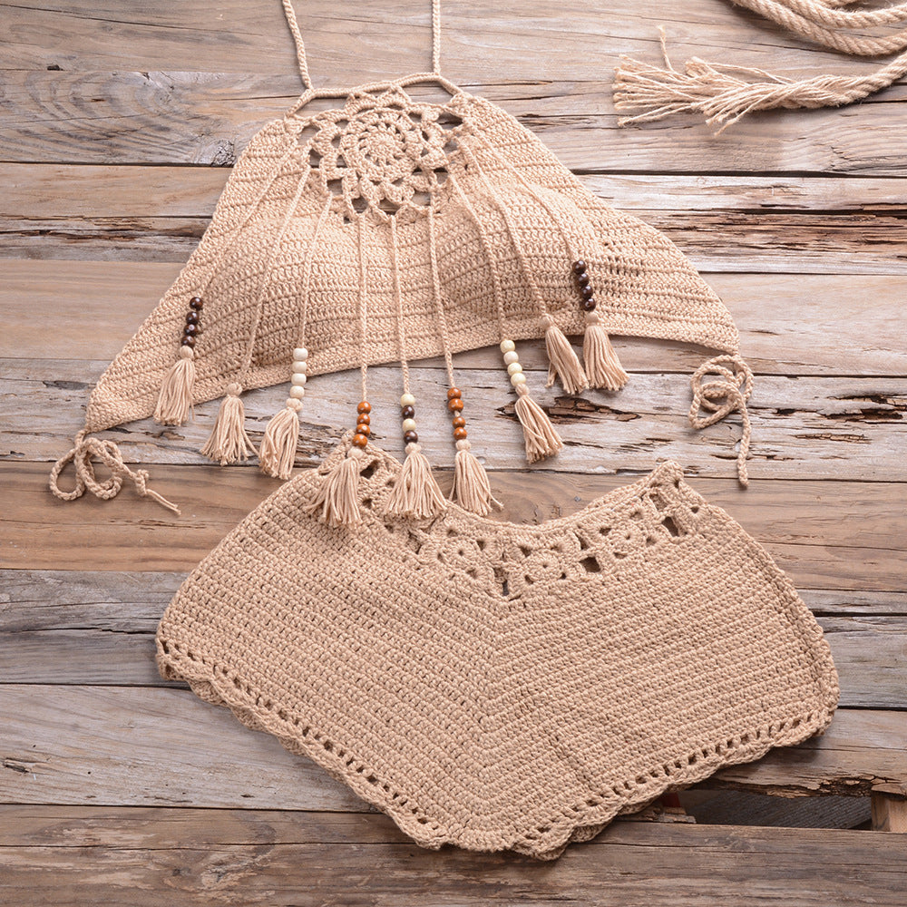 Hand-Wrapped Chest Bohemian Tassel Hollow Out Cutout Bikini Matching Hollow Out Cutout Stretch Shorts