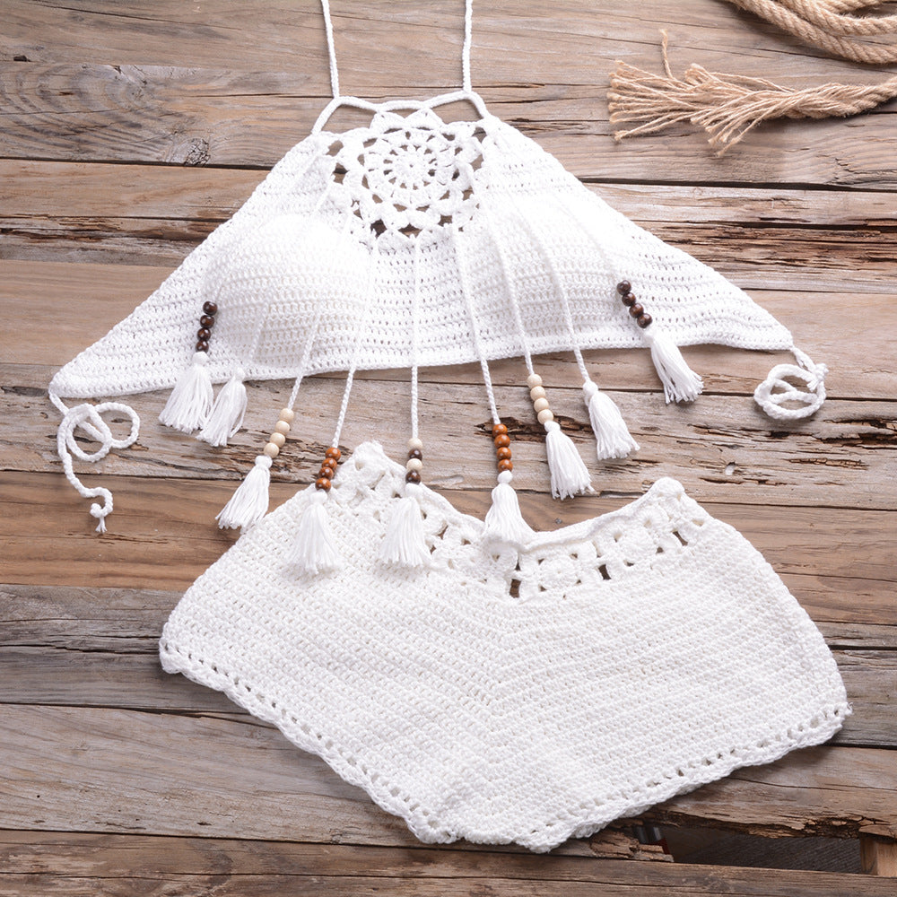 Hand-Wrapped Chest Bohemian Tassel Hollow Out Cutout Bikini Matching Hollow Out Cutout Stretch Shorts