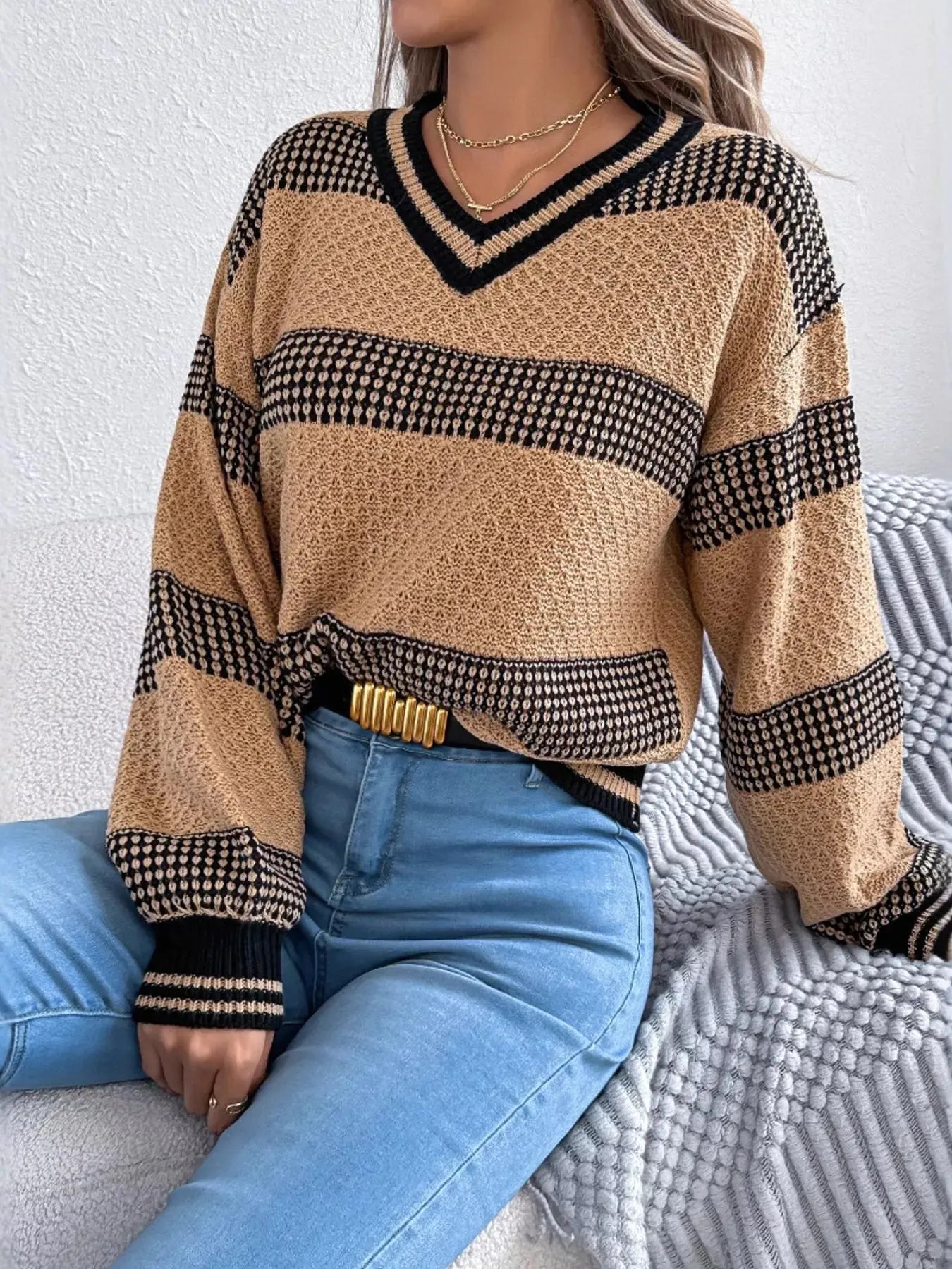 Contrast Striped V Neck Sweater