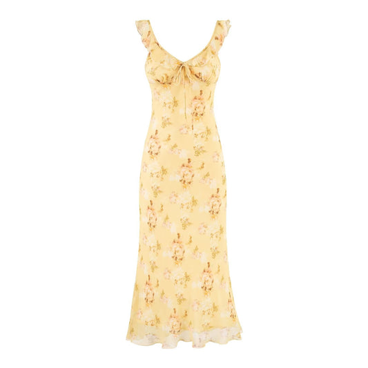 Sweet Ruffled V neck Lace up Printing Slip Dress Vacation Sexy Long Fishtail Dress