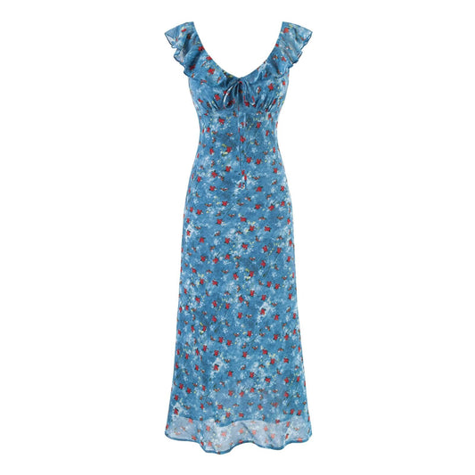 Women Clothing Summer Holiday Blue Printed Ruffled Waist Dress