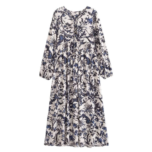 Rayon Printed Casual Bohemian Long Sleeve Dress Summer French Retro Elegant Midi Dress