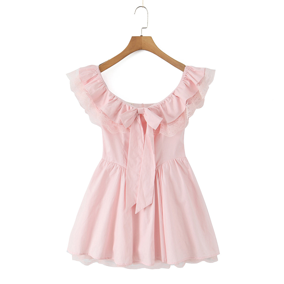 Pink off Neck Lace Stitching Mini Dress