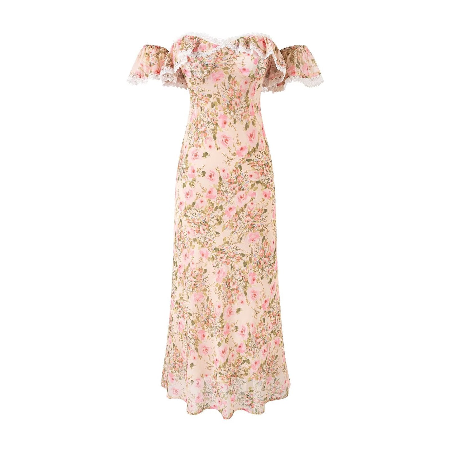 Gentle off Neck Ruffled Floral Dress Fishtail Summer Waisted Slim Fit Package Hip Long Women